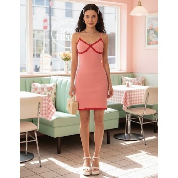 Wild Fable Pink Red Lace Trim Mini Dress • Coquette Babydoll Grunge Y2K Revive S - Picture 3 of 13